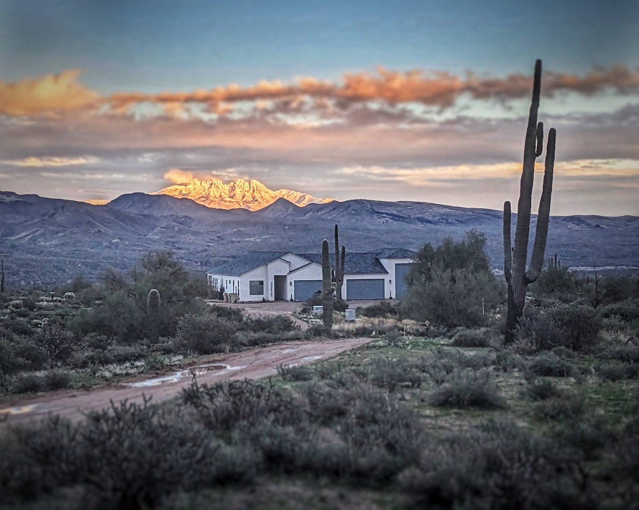 Sonoran desert garage home at golden hour with mountain view